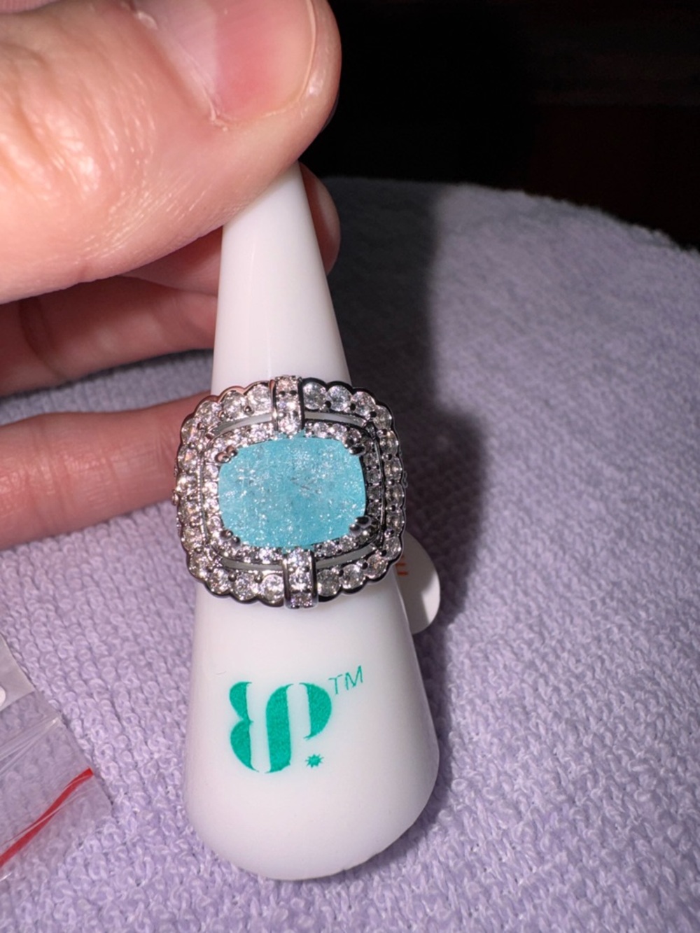 bp Silver Ring with Aqua Blue Druzy and Crystal Halo